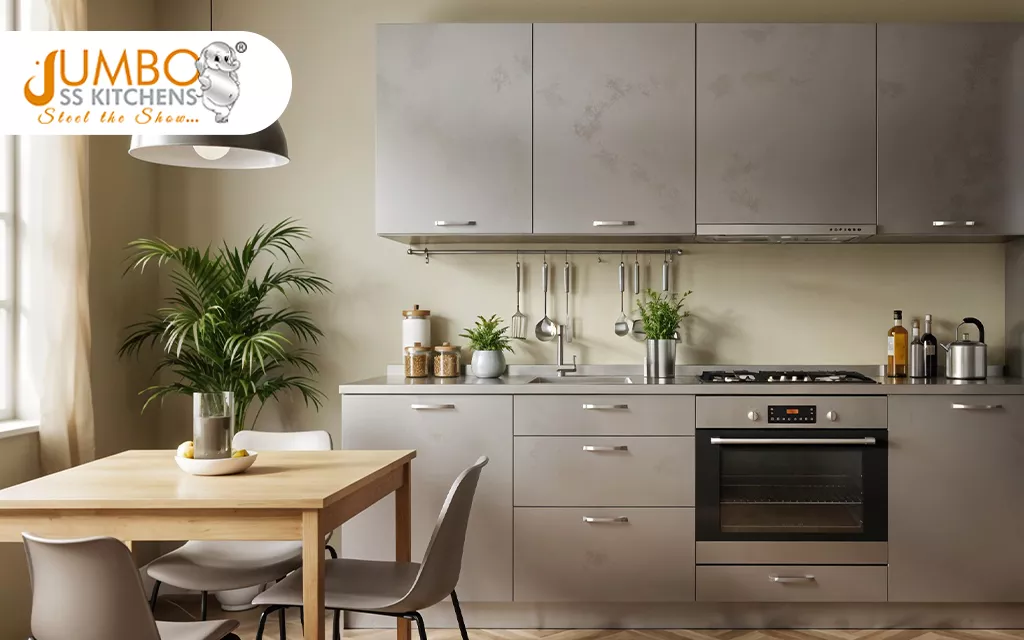 Stylish stainless steel Modular Kitchen Interior with Matte Cabinets and Modern Dining Space