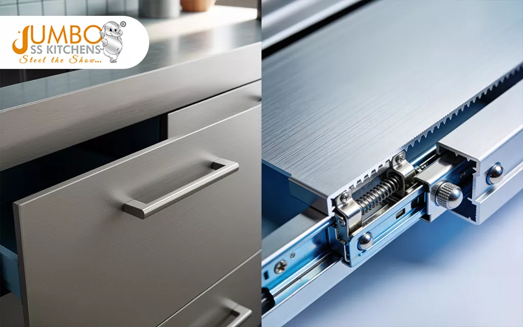Close-up of Stainless Steel Kitchen Drawer with Precision-Engineered Sliding Mechanism by Jumbo SS Kitchens