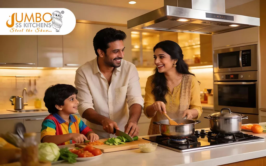 Family Cooking Together in Modern Stainless Steel Kitchen, Highlighting Warmth, Bonding, and Durability