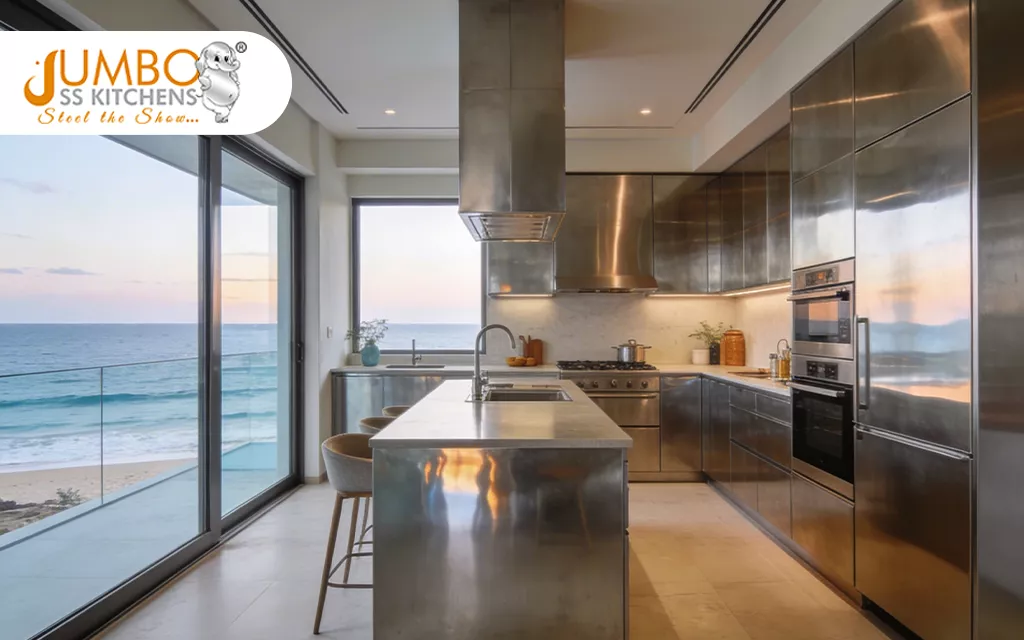 Luxury Stainless Steel Modular Kitchen in Visakhapatnam with Ocean View, Designed by Jumbo SS Kitchens